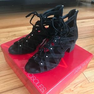 Lace up black suede bootie sandal, summer or fall